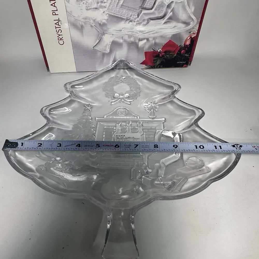 NIB Mikasa Crystal Christmas Tree Holiday Platter - Fireplace 13.5x12”